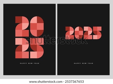 Annual Report template for 2025 features a layout with elegant typography, a logo, geometric shapes, and a flat design background. Celebrate New Year 2025 with a stylish poster in clean pink and green