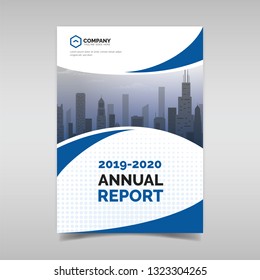 Annual report template with blue wavy shapes