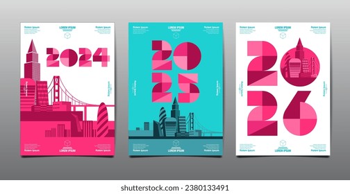 Annual Report, template layout design  2024, 2025, 2026 typography,  geometric shape
, flat design background.