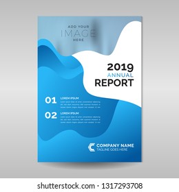 Annual report template with wavy blue shapes