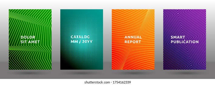 Annual report templates vector set. Vibrant halftone pattern covers. Front pages with halftone texture geometric design. Gradient publication cover page layouts. Dynamic composition backgrounds.