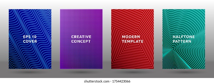 Conjunto de vectores de plantillas de informe anual. Fundas de patrón de semitono frío. Portadas con diseño geométrico de textura media. Diseños de páginas de portada de degradado comercial. Fondos dinámicos.