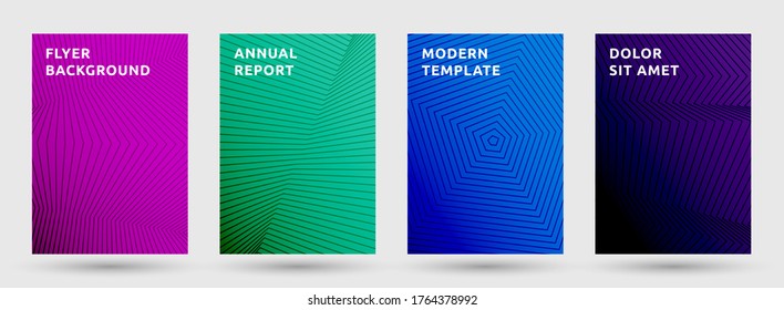Annual report templates vector set. Artistic halftone pattern covers. Front pages with halftone lines texture geometric design. Gradient broken lines cover page layouts. Parallel stripes geometry.