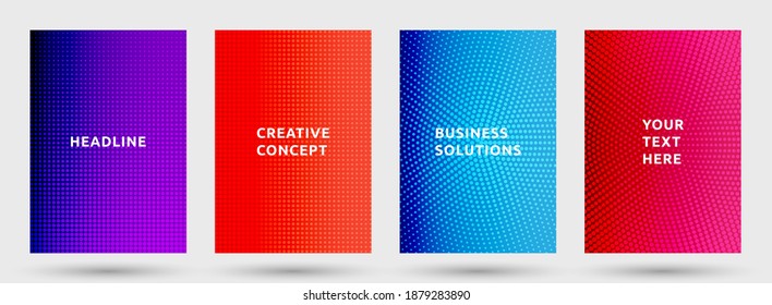 Annual report templates vector set. Futuristic halftone pattern covers. Dots halftone texture title pages geometric design. Gradient backgrounds cover page layouts. Nise dots texture backdrops.