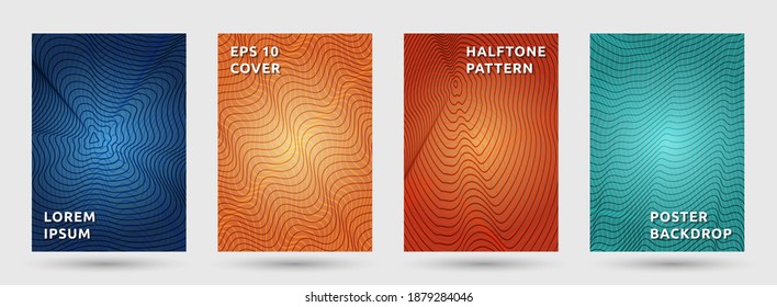 Annual report templates vector set. Flat halftone pattern covers. Front pages with halftone waves texture geometric design. Gradient curves cover page layouts. Dynamic backdrops.