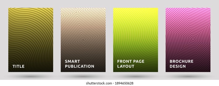 Conjunto de vectores de plantillas de informe anual. Fundas modernas de patrón de medio tono. Círculo, hexágono, diseño geométrico suqare de textura media. Las líneas de degradado cubren los diseños de página. Geometría de rayas paralelas.