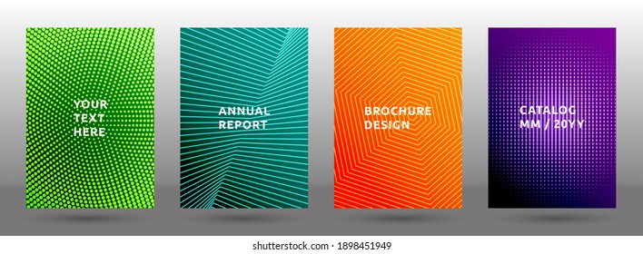 Conjunto de vectores de plantillas de informe anual. Tapas mínimas de patrón de medio tono. Portadas con diseño geométrico de textura media. Diseños de portada de publicación de degradado. Fondos dinámicos.