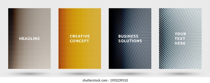 Annual report templates vector set. Hipster halftone pattern covers. Noise halftone texture front pages geometric design. Gradient backgrounds cover page layouts. Nise dots texture composition.