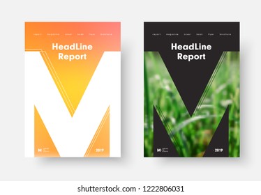 Annual report vector cover template with orange-yellow soft gradient and the letter "M" with green grass. Design for print, business, poster or flyer.