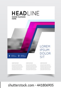 Annual report vector illustration. Brochure with text. A4 size corporate business brochure cover. Business presentation with photo and geometric graphic elements. Catalogue template for company.