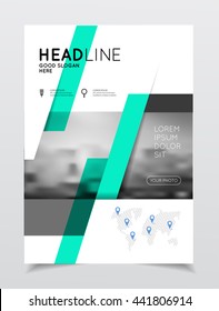 Annual report vector illustration. Brochure with text. A4 size corporate business brochure cover. Business presentation with photo and geometric graphic elements. Catalogue template for company.