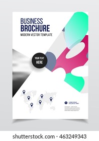 Annual report vector illustration. Brochure with text. A4 size corporate business brochure cover. Business presentation with photo and geometric graphic elements. Catalogue template for company. 