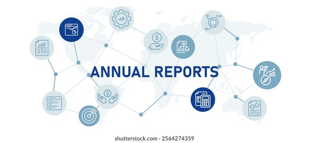 Annual reports yearly summary of business company performance illustration with icon income balance budget cost reporting  document for download web header design