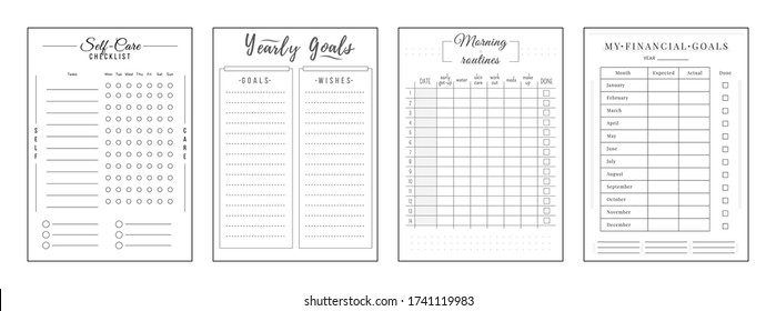 Annual resolution minimalist planner page set. Self care checklist. Goals and wishes. Finance management. Timetable personal organizer printable sheet layout. Vertical insert for diary