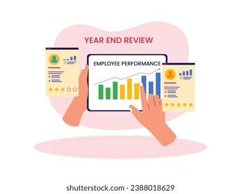 Annual review for company employees, performance improvement and awarding, year end vector illustration.