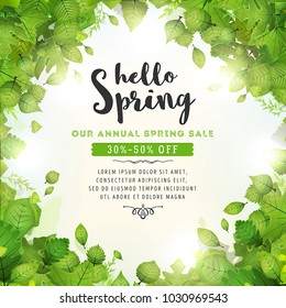 Annual Spring Sale Background/
Illustration of a spring season background, with halo of sunlight, green leaves, from various plants and trees species and annual sale