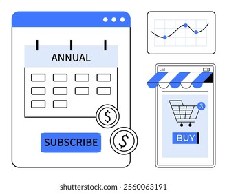 Annual subscription calendar, shopping cart on mobile, and data graph. Ideal for e-commerce, marketing strategies, financial planning, customer engagement, digital business. Simple modern style