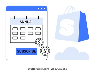 Annual subscription calendar with subscribe button and dollar sign coins. Next to it is a shopping bag with an S and a cloud icon. Ideal for e-commerce, online services, cloud storage, subscriptions