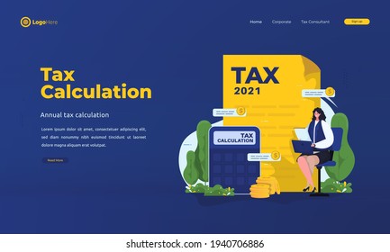 Annual tax calculation illustration concept, a woman calculates taxes rate