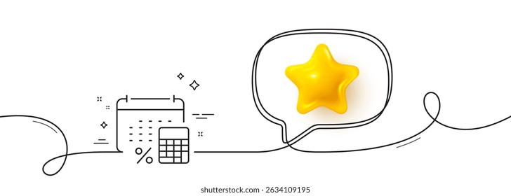 Annual tax line icon. Continuous line with 3d star. Calculate tax rate sign. Payroll report symbol. 3d star in speech bubble. Annual tax single line ribbon. Loop curve pattern. Vector
