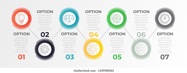 Annual timeline infographic with 7 steps colorful circle elements and icons . Chart process template. Modern vector art for company or corporate business project and presentation. Trendy Eps10 design