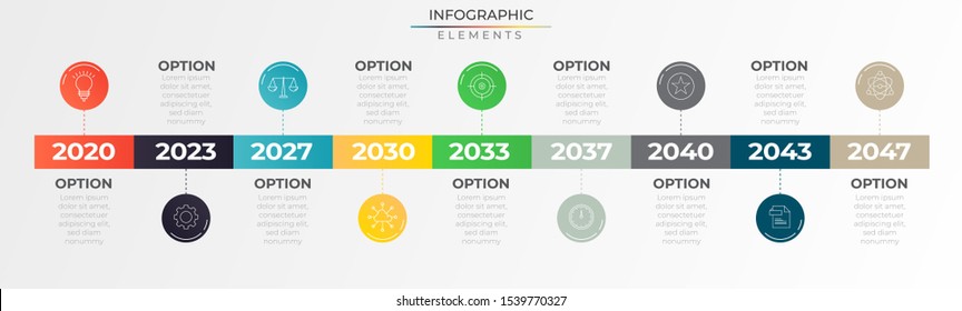 Annual timeline infographic with 9 steps colorful paper elements and icons . Chart process template. Modern vector art for company or corporate business project and presentation. Trendy Eps10 design