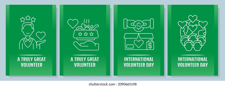 Annual volunteer week celebration postcard with linear glyph icon set. Greeting card with decorative vector design. Simple style poster with creative lineart illustration. Flyer with holiday wish