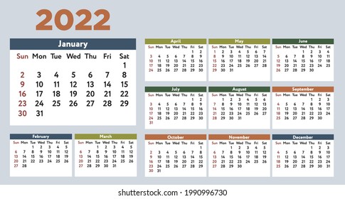 Plantilla de calendario de pared anual para 2022 año Conjunto de páginas coloridas de 12 meses aisladas en el fondo de la luz
