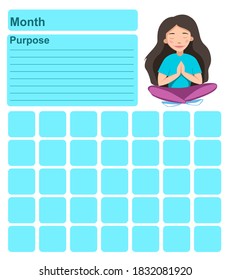 Annual wall planner for one month. Template with an illustration of a girl in the Lotus position. Vector illustration .eps10
