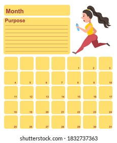 Annual wall planner for one month. Template with an illustration of a running girl. Vector illustration .eps10