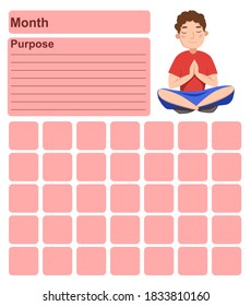 Annual wall planner for one month. Template with an illustration of a man in the Lotus position. Vector illustration .eps10
