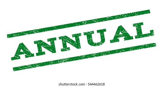 Annual watermark stamp. Text caption between parallel lines with grunge design style. Rubber seal stamp with dust texture. Vector green color ink imprint on a white background.