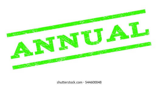 Annual watermark stamp. Text caption between parallel lines with grunge design style. Rubber seal stamp with dirty texture. Vector light green color ink imprint on a white background.