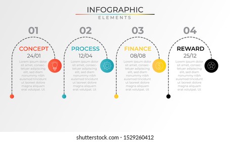 Infografía de flujo de trabajo anual con 4 elementos de papel de tiras. Plantilla de proceso de gráfico. Mínimo arte vectorial para proyectos y presentaciones de empresas o empresas. Ilustración de diseño Eps10 de moda