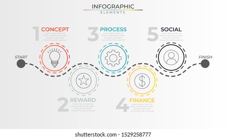 Annual workflow Infographic with 5 colorful circle elements. Chart process template. Minimal vector art for company or corporate business project and presentation. Trendy Eps10 design illustration