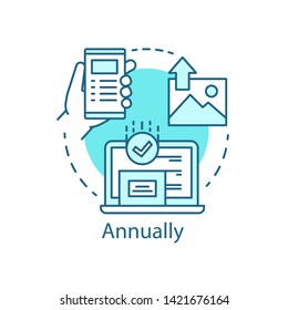 Annually concept icon. Photo editor subscription tariff idea thin line illustration. Exposure setting. Computer graphics program. Vector isolated outline drawing.  Color correction