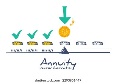 Annuity concept. Makes the payment. Monthly payment. Invest on retire. Vector illustration sketch design. Isolated on white background. Coin in hand cartoon style.