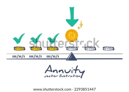 Annuity concept. Makes the payment. Monthly payment. Invest on retire. Vector illustration sketch design. Isolated on white background. Coin in hand cartoon style.
