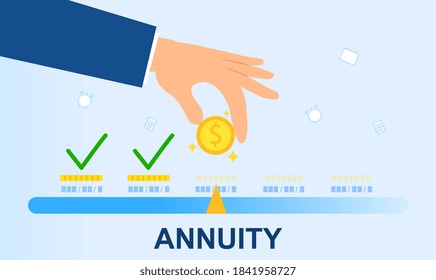 Annuity concept. Person making payment. Monthly payment. Invest on retire. Vector illustration flat design. Isolated on white background. Coin in hand.