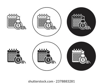 Annuity icon set. anual wage income vector symbol. hour time payment sign in black filled and outlined style.