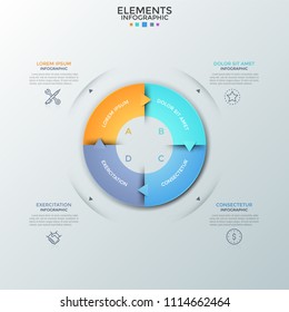 Annular chart divided into 4 colorful equal parts with arrows, linear icons and text boxes. Concept of closed production cycle with four steps. Modern infographic design template. Vector illustration.