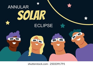 Annular solar eclipse. Group of joyful people with protective glasses looks at  solar eclipse. Poster template, web banner, or card.vector illustration.