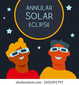 Annular solar eclipse. Group of joyful people with protective glasses looks at  solar eclipse. Poster template, web banner, or card.vector illustration.