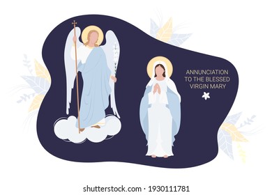 Anunciación a la Santísima Virgen María. La Virgen María en una maforia azul reza con delicadeza y el Arcángel Gabriel con lirio. Vector. para las comunidades cristianas y católicas, fiesta religiosa postal 