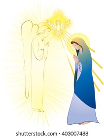 Annunciation to the Blessed Virgin Mary, conception by the Holy Spirit. Abstract color vector illustration, with a dove and angel.