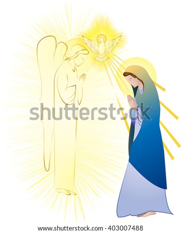 Annunciation to the Blessed Virgin Mary, conception by the Holy Spirit. Abstract color vector illustration, with a dove and angel.