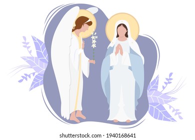 Anunciación a la Santísima Virgen María. Virgen María, Madre de Jesucristo en la maforia azul y Arcángel Gabriel con lirio en un fondo decorativo. Fiesta religiosa católica y ortodoxa. Vector