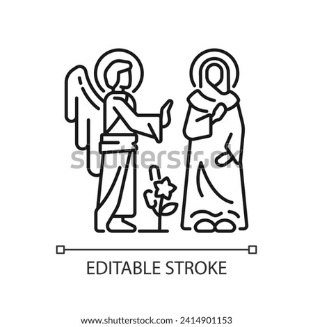 Annunciation linear icon. Virgin Mary with Angel Gabriel. Mary becomes mother of Jesus Christ. Biblical scene. Thin line illustration. Contour symbol. Vector outline drawing. Editable stroke