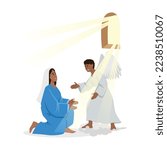 Annunciation, religion, bible, christianity concept. Catholic orthodox holiday illustration. Angel biblical religious character archangel Gabriel appearing to virgin Mary and carrying Gospel from God.