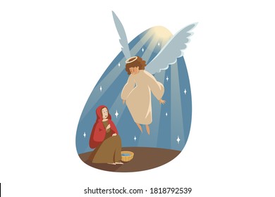 Annunciation, religion, bible, christianity concept. Catholic orthodox holiday illustration. Angel biblical religious character archangel Gabriel appearing to virgin Mary and carrying Gospel from God.